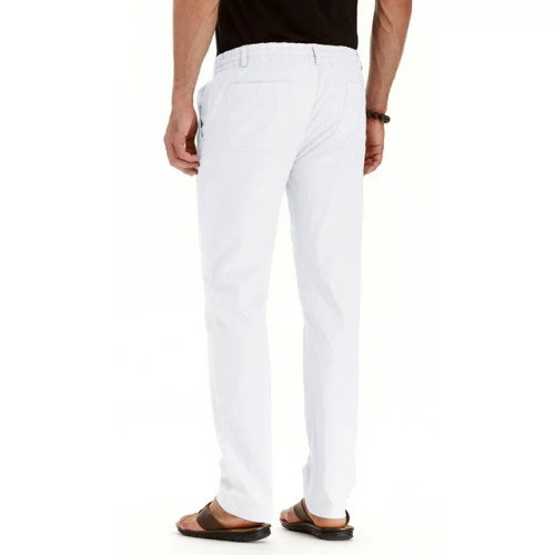 JWD Men's Pure White Linen Drawstring Pants, US size 34, ideal for casual summer beach wear