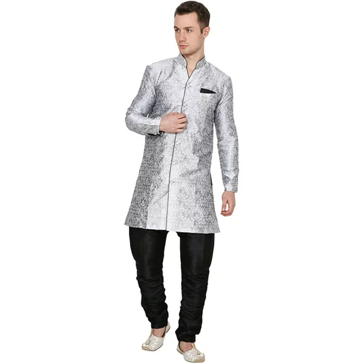 Royal Kurta Men's Jacquard Silk Floral Print Indowestern Sherwani Silver