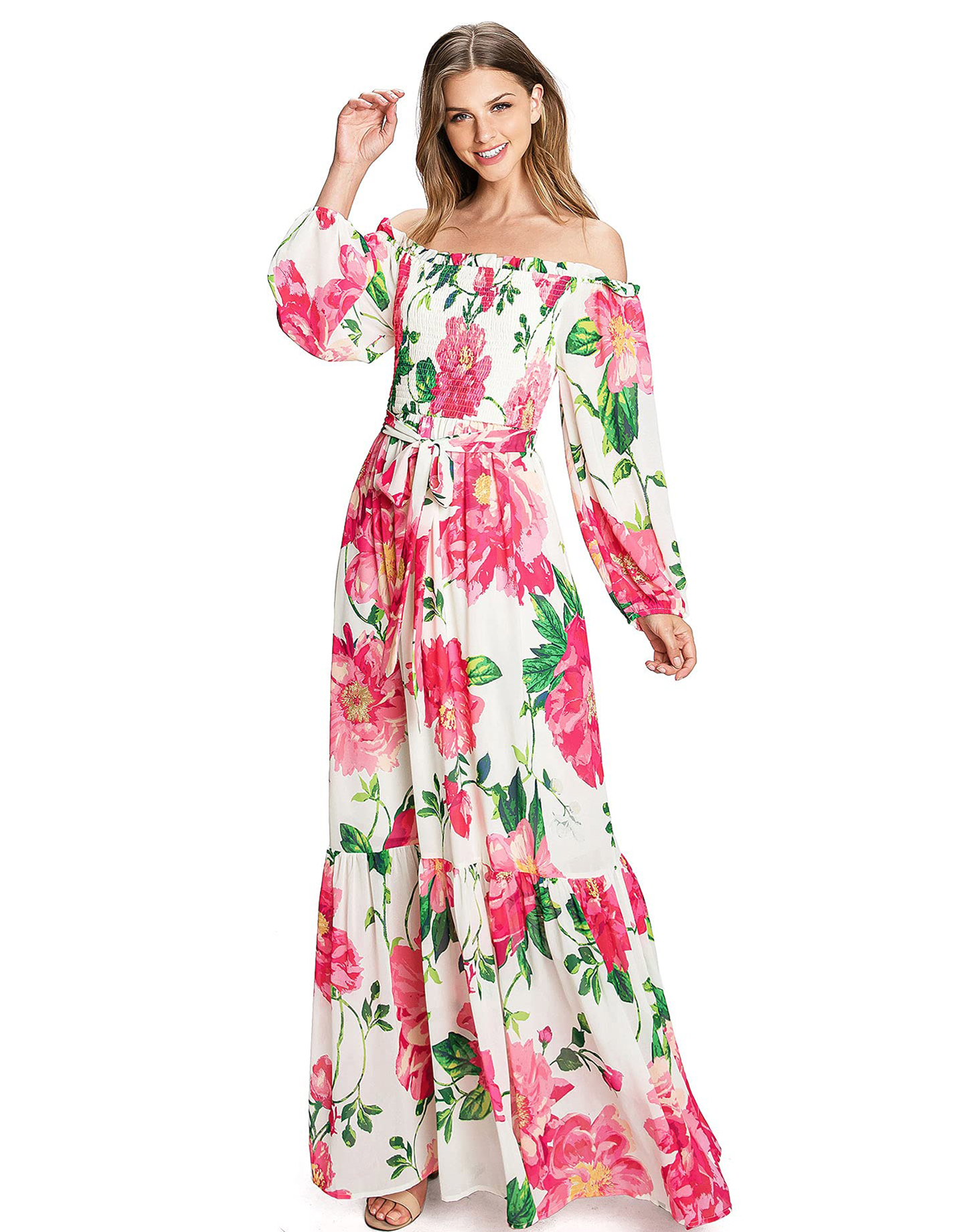 chinese dress ladies Untamed Petals Dreamer Maxi | Show Stopping Floral Ruffle Long Sleeve Bridal Midi Dress | White main image 0