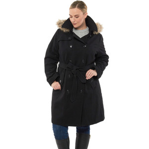 Alpine Swiss Women's Wool Blend Long Trench Coat with Removable Fur Hood and Belt - Regular & Plus Sizes