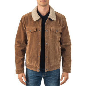 Alpine Swiss Aaron Mens Trucker Jacket | Sherpa Lined Faux Leather | Removable Collar | Warm Winter Coat | 5 Pockets