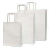 Three white medium-sized paper bags with handles, displayed in varying heights. Each bag features a plain design. Three white medium-sized paper bags with handles, displayed in varying heights. Each bag features a plain design.