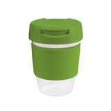 A reusable 12oz clear plastic coffee cup with a green silicone lid and sleeve. Features a logo on the cup. A reusable 12oz clear plastic coffee cup with a green silicone lid and sleeve. Features a logo on the cup.