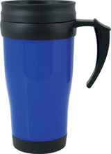 A travel mug in bright blue with a black lid and handle, featuring a double-walled design and a logo. A travel mug in bright blue with a black lid and handle, featuring a double-walled design and a logo.