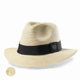 A beige brimmed hat with a black band and logo, featuring a textured straw-like design. A beige brimmed hat with a black band and logo, featuring a textured straw-like design.