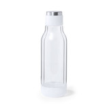 A drink bottle in clear plastic with a white base and a silver lid, featuring a simple design and logo. A drink bottle in clear plastic with a white base and a silver lid, featuring a simple design and logo.