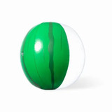 A beach ball featuring green and white colours with a striped design and a logo on it. A beach ball featuring green and white colours with a striped design and a logo on it.