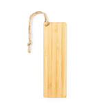 A bamboo tag with a natural twine loop, showcasing a smooth, light brown finish. A bamboo tag with a natural twine loop, showcasing a smooth, light brown finish.