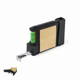 A tool set featuring a measuring tape with a built-in level, encased in black and wood finish. A tool set featuring a measuring tape with a built-in level, encased in black and wood finish.