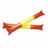 Two inflatable novelty items in orange and yellow, shaped like long sticks, featuring a logo.