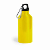 A drink bottle in bright yellow with a black cap and a metal carabiner attached. A drink bottle in bright yellow with a black cap and a metal carabiner attached.