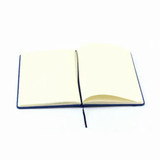 A5 notebook with a navy blue cover, featuring blank pages and a ribbon bookmark.