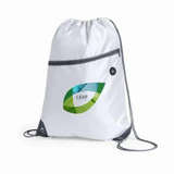 A drawstring backpack in white with a green and blue logo, featuring a zippered pocket.