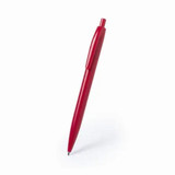 A red plastic pen with a clip and a smooth design, featuring a logo on the body.