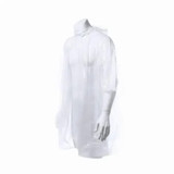 A transparent, long-sleeved poncho with a hood, displayed on a mannequin. The material is lightweight and waterproof.