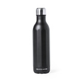A drink bottle in sleek black with a silver cap, featuring a textured design and a brand logo. A drink bottle in sleek black with a silver cap, featuring a textured design and a brand logo.