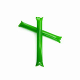 Two bright green novelty stick items, featuring a glossy finish and a tubular shape, crossed over each other.