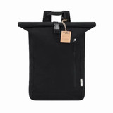 A black backpack with a roll-top design, featuring a front zip pocket and a tag attached.
