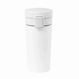 A drink bottle in white with a secure lid and a simple design, featuring a branding logo.