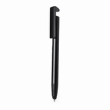 A black metal pen with a built-in phone holder and a sleek design, featuring a logo on the body.