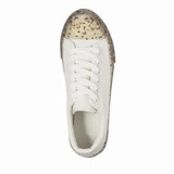 A white trainer with a speckled, translucent sole. It features laces and a rounded toe design. A white trainer with a speckled, translucent sole. It features laces and a rounded toe design.