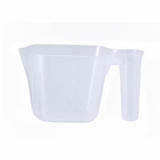 A clear plastic measuring cup with measurement markings and a handle, featuring a simple design. A clear plastic measuring cup with measurement markings and a handle, featuring a simple design.