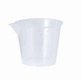 A clear plastic measuring cup with a spout and measurement markings. It features a simple design and has a logo. A clear plastic measuring cup with a spout and measurement markings. It features a simple design and has a logo.