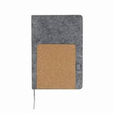 A grey RPET felt notebook with a cork front pocket and a ribbon bookmark, featuring a logo.