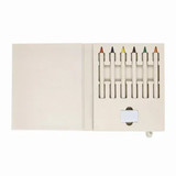 A notebook set featuring six coloured pencils in various shades, packaged in a recycled milk carton design. A notebook set featuring six coloured pencils in various shades, packaged in a recycled milk carton design.
