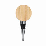 A drink bottle stopper featuring a wooden top and a metallic base, with a sleek design.