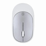 A white computer mouse with a silver top and a central scroll wheel, features branding on the surface. A white computer mouse with a silver top and a central scroll wheel, features branding on the surface.