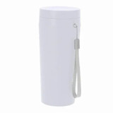 A drink bottle in white with a removable lid and a carrying strap. It features a logo on the side.