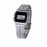 A silver digital watch with a rectangular face and metal bracelet, featuring a digital display and a logo on the face. A silver digital watch with a rectangular face and metal bracelet, featuring a digital display and a logo on the face.