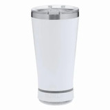 An insulated cup speaker in white with a silver rim and base, featuring a logo on its surface.