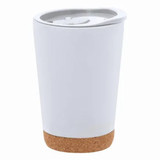 An insulated cup in white with a cork base and a grey lid, featuring a small logo.