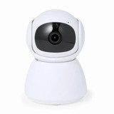 A smart camera in white with a rounded design and a central black lens. It features a logo on its body. A smart camera in white with a rounded design and a central black lens. It features a logo on its body.