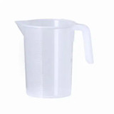 A transparent plastic measuring jug with a spout and handle, featuring measurement markings on the side. A transparent plastic measuring jug with a spout and handle, featuring measurement markings on the side.