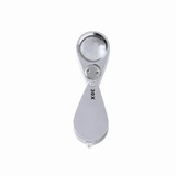 A silver 30X magnifier with a sleek, compact design and a built-in light, featuring a branding logo.