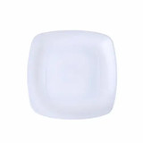 A square white plate with smooth edges and a glossy finish. It features a simple design and a logo. A square white plate with smooth edges and a glossy finish. It features a simple design and a logo.