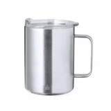 An insulated travel mug made from recycled stainless steel, featuring a transparent lid and a sturdy handle. An insulated travel mug made from recycled stainless steel, featuring a transparent lid and a sturdy handle.