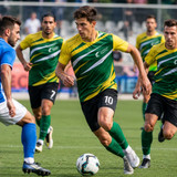 A green and yellow striped sports tee shirt is worn by a player in action on a football field. The shirt features a logo.