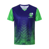 A purple and green unisex t-shirt with a sublimated design, featuring a logo and geometric patterns.