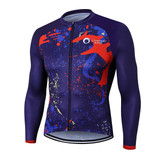 A men's long sleeve cycling jersey featuring a vibrant blue and red splatter design, with a zip front and a logo. A men's long sleeve cycling jersey featuring a vibrant blue and red splatter design, with a zip front and a logo.