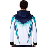 A hooded jacket made of 100% polyester, featuring a blue and white design with a logo on the back.