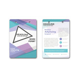A medium-sized printed name tag featuring a geometric design in shades of blue, purple, and white, with a hole for attachment.