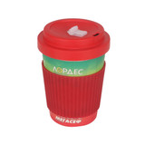 A reusable bamboo coffee cup in red with a screw lid and a textured grip. Features branding. A reusable bamboo coffee cup in red with a screw lid and a textured grip. Features branding.