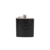 A drink bottle, classic hip flask in black leather with a silver top and an embossed logo.