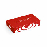 A red tissue box featuring a logo and decorative design on the front.