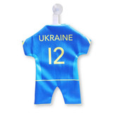 A blue mini jersey featuring yellow accents and a logo, labelled with 'UKRAINE' and the number '12'. A blue mini jersey featuring yellow accents and a logo, labelled with 'UKRAINE' and the number '12'.