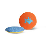 A blue and yellow disc and an orange disc featuring a splash design. Both have a logo. A blue and yellow disc and an orange disc featuring a splash design. Both have a logo.